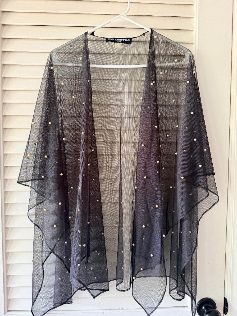 Karl Lagerfeld Paris Black Sheer Mesh Pearl Rhinestone Kimono Wrap One Size